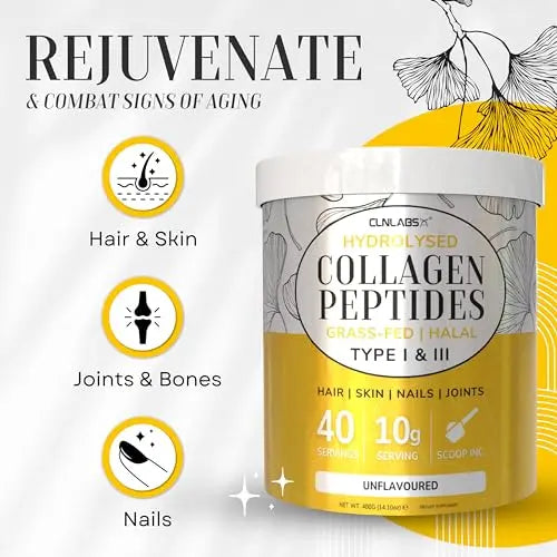 100% Pure Hydrolysed Collagen Peptides Powder - 400g Tub | Halal & Grass-Fed Bovine Collagen - AB Mystery
