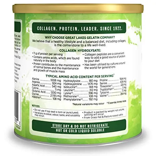 Great Lakes Gelatin Collagen Hydrolysate, Grass-Fed Bovine Hydrolysed Collagen Peptides Protein Powder Supplement, Unflavoured, 226g, Can Great Lakes Gelatin