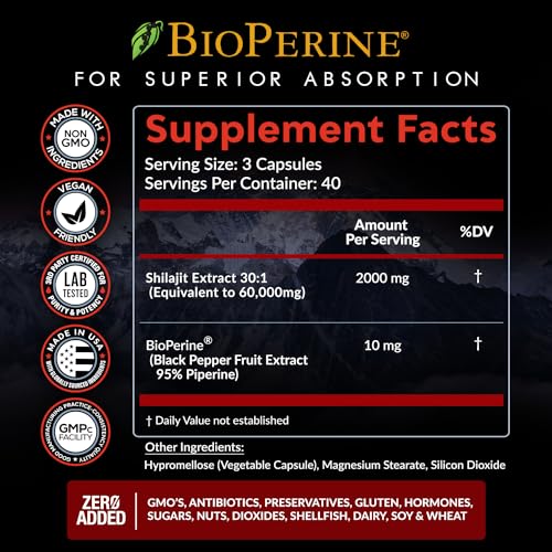 Pure Himalayan Shilajit Capsules Supplement (60,000mg+ Absorption Enhancer+50% - AB Mystery