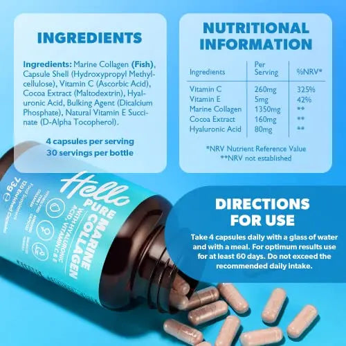 Marine Collagen Capsules - 1855mg - 120 Capsules - Enriched with Hyaluronic Acid & Vitamins C & E Hello Pure