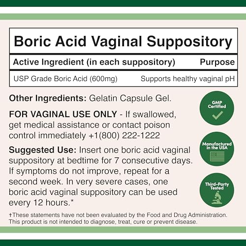 Boric Acid Vaginal Suppositories (600mg, 60 Count) Supports Vaginal pH Balance, Odor Control - AB Mystery