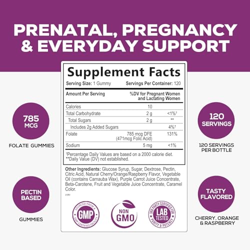 Folic Acid Gummies for Women 785 mcg, Essential Prenatal Vitamins for Mom & Baby, Vegan Folic Acid Nature's Nutrition