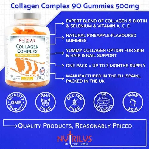 Collagen Complex 90 Natural Pineapple Gummies 500mg - Large Pack - with Biotin & Selenium - AB Mystery