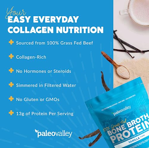 Paleovalley 100% Grass Fed Bone Broth Protein Powder - Vanilla - Rich in Collagen for Hair - AB Mystery
