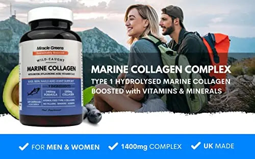Marine Collagen 1400mg | 120 Capsules with Biotin, Hyaluronic Acid, Vitamin C, E, B2, Zinc, Copper & Iodine Miracle Greens
