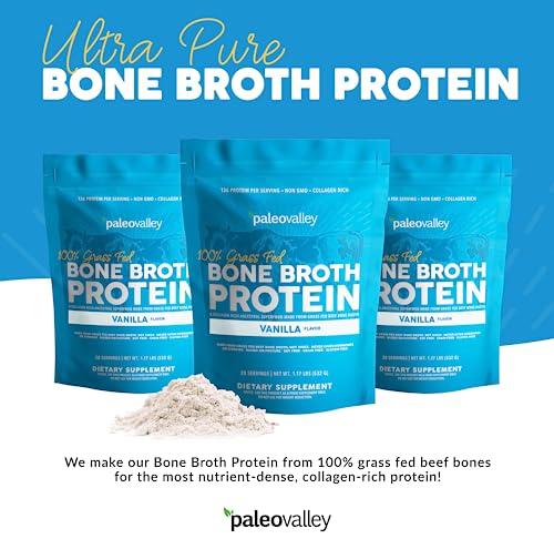Paleovalley 100% Grass Fed Bone Broth Protein Powder - Vanilla - Rich in Collagen for Hair - AB Mystery
