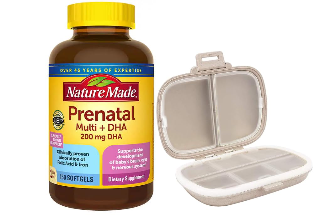 Nature Made Prenatal Multi + DHA, 150 Softgels, Bundle with a Travel Pill Organizer