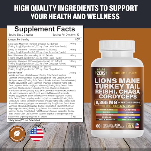Zeus Naturals Lions Mane Capsules, Mushroom Supplement with Turkey Tail, Cordyceps - AB Mystery