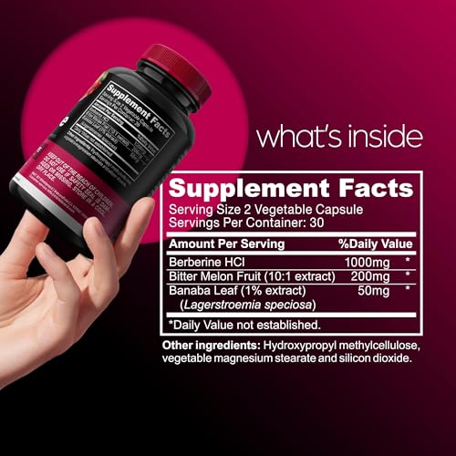 1000mg Berberine Supplement Capsules with Bitter Melon and Banaba Leaf - 30 Servings - AB Mystery