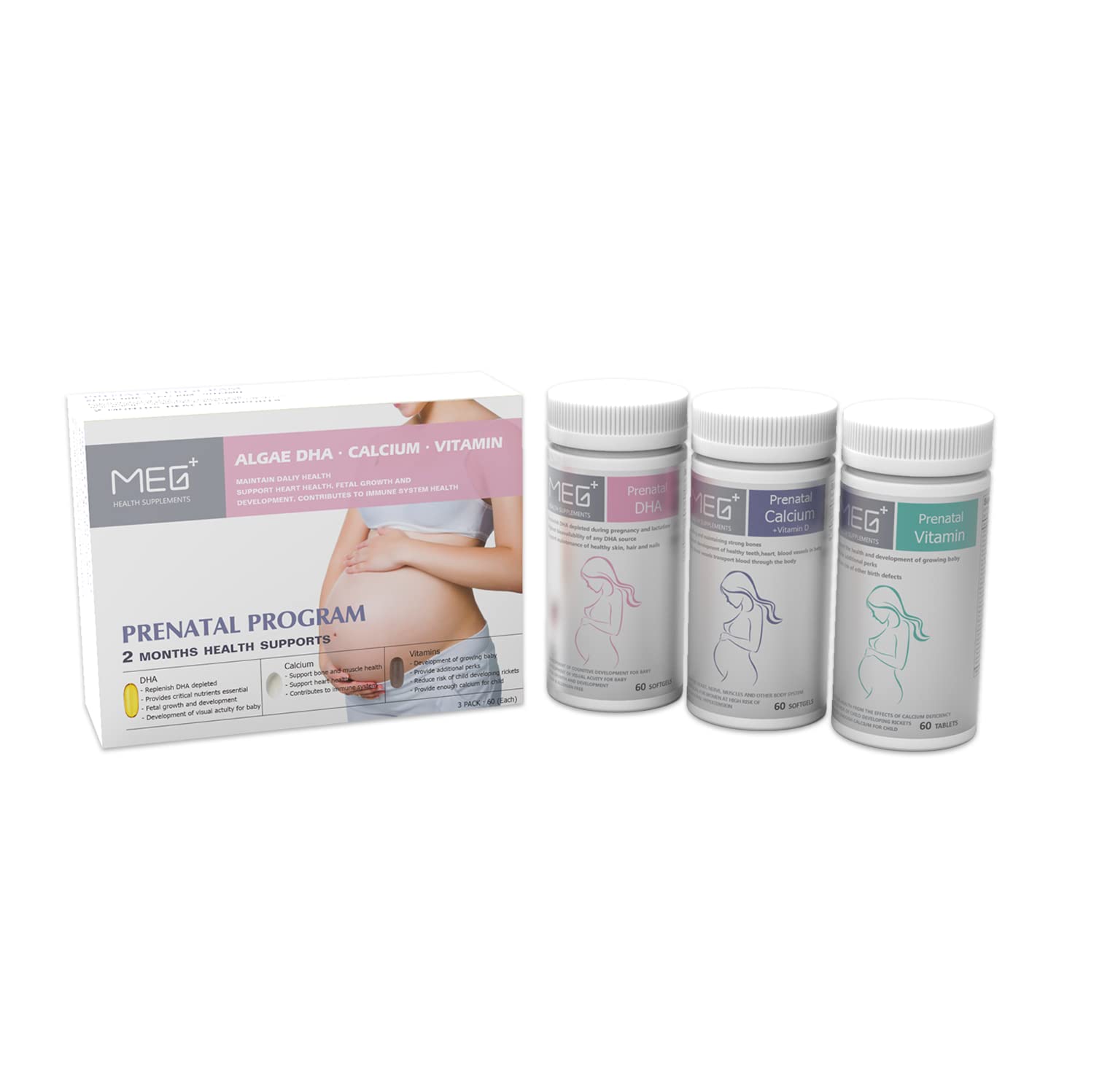 MEG+ Prenatal Supplement DHA Calcium Vitamin | 2-Month Supply 180 Counts |Omega-3 DHA Algal