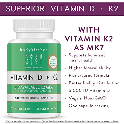 Body Kitchen Vegan Plant-Based Vitamin D3 + K2 (MK7) Supplement, Bone and Heart - AB Mystery