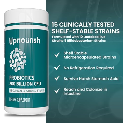 UpNourish Probiotics - 200 Billion CFUs, 15 Strains, Prebiotics & Enzymes - 60 Vegan Cap - AB Mystery