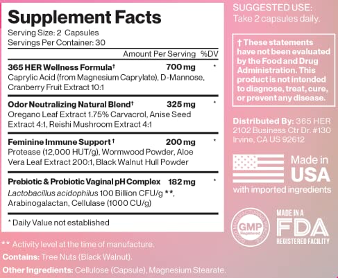 365 HER Biolicious Natural Vaginal Care Supplement (60 Capsules) | Neutralizes Odor and Reduces Discharge - AB Mystery