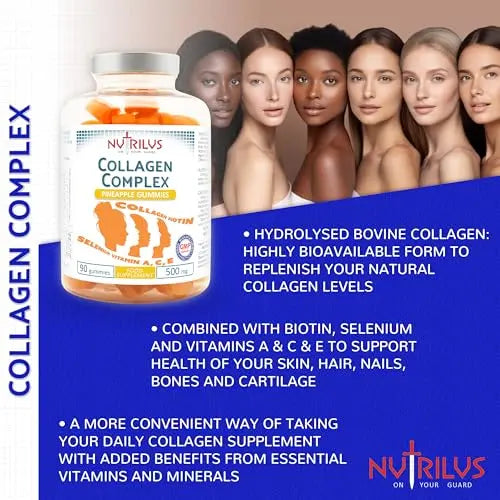 Collagen Complex 90 Natural Pineapple Gummies 500mg - Large Pack - with Biotin & Selenium - AB Mystery
