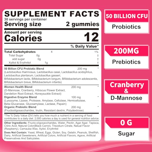 Probiotics for Women Gummies, Sugar Free Vaginal Probiotics 50 Billion CFU 10 Strains w/ Cranberry - AB Mystery