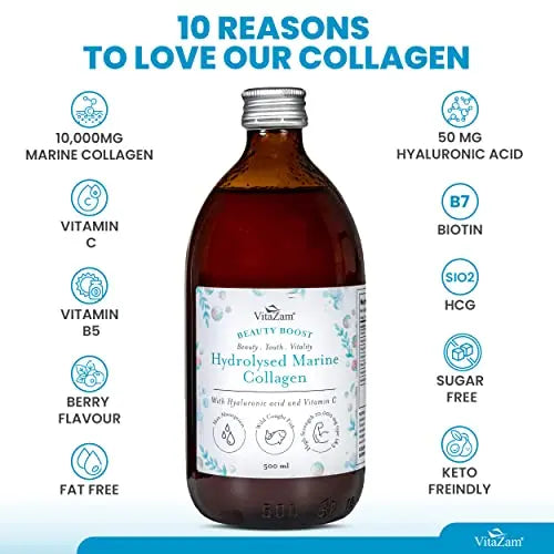 VitaZam Marine Collagen Liquid 10000mg with Hyaluronic Acid, Hydrolysed Peptide, Biotin for Hair, Skin, Nails, Joint, and Muscles, 500 ml - AB Mystery