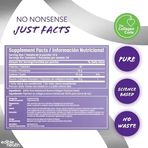 Premium Collagen Powder. Types 1 and 3, Protein Peptides, 18 Amino Acids. 400g. Edible Health