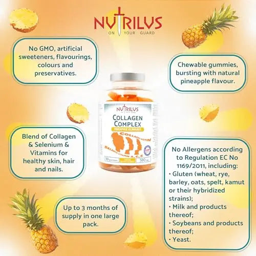 Collagen Complex 90 Natural Pineapple Gummies 500mg - Large Pack - with Biotin & Selenium - AB Mystery