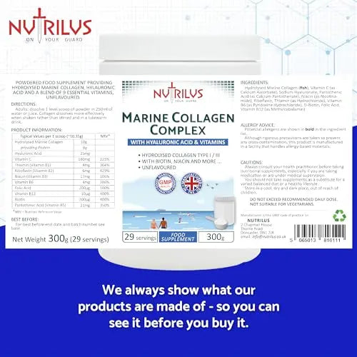 Hydrolysed Marine Collagen Powder 300g with Hyaluronic Acid and Vitamins - 29 Servings - AB Mystery