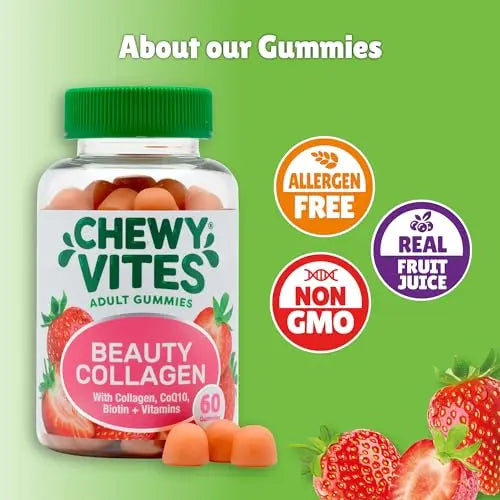 Chewy Vites Beauty Collagen 60 Gummy Vitamins |Hydrolised Collagen, CoQ10, Biotin + Vitamins | 1 Month Supply | Real Fruit Juice | Berry Flavour | 2-a-Day | - AB Mystery