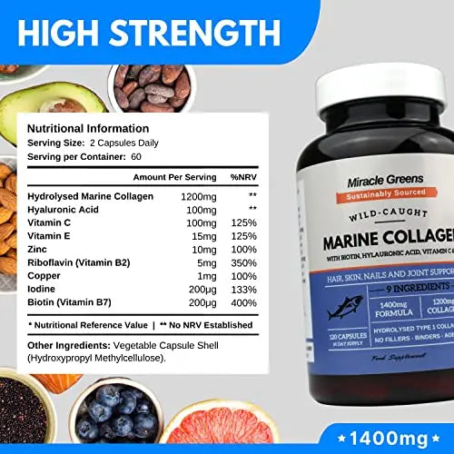 Marine Collagen 1400mg | 120 Capsules with Biotin, Hyaluronic Acid, Vitamin C, E, B2, Zinc, Copper & Iodine Miracle Greens
