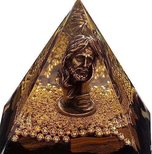 FENGSHUI-CAISHEN Mini Jesus Figurine in Healing Crystal Orgone Pyramid - Obsidian Tiger's Eye - AB Mystery