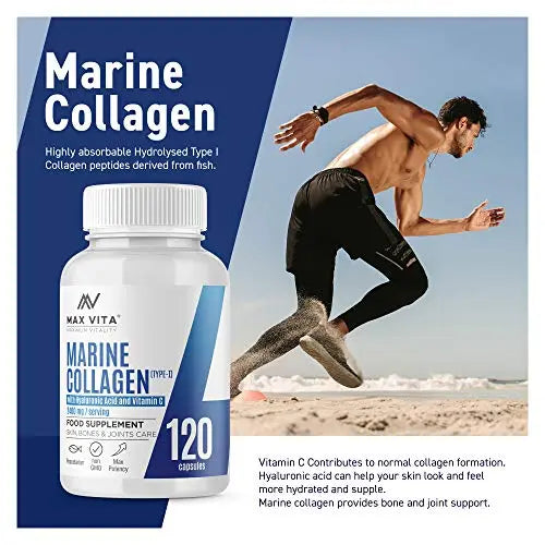 Marine Collagen Type 1 2400mg - 120 Capsules Supplement with Hyaluronic Acid and Vitamin C - AB Mystery