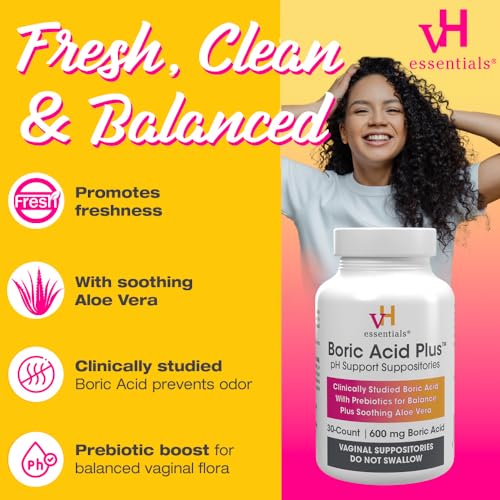 vH essentials Boric Acid Plus Vaginal Suppositories, Prebiotic Infused with Soothing Aloe Vera, pH - AB Mystery