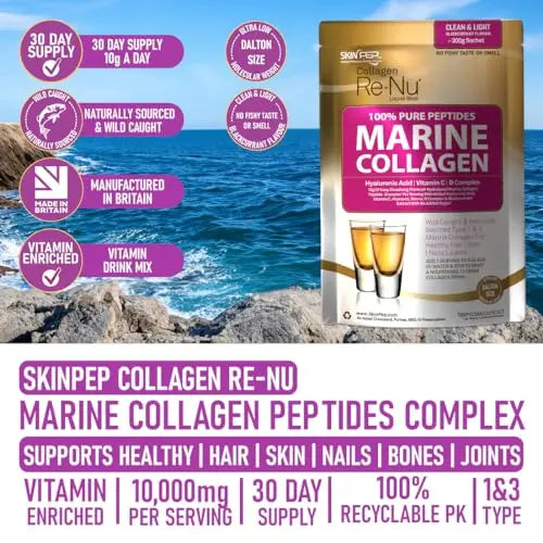 SkinPep® Collagen Re-Nu Liquid Shot Sachet 15-30 Day Supply - The Anti-Ageing Daily Collagen Drink Mix SkinPep