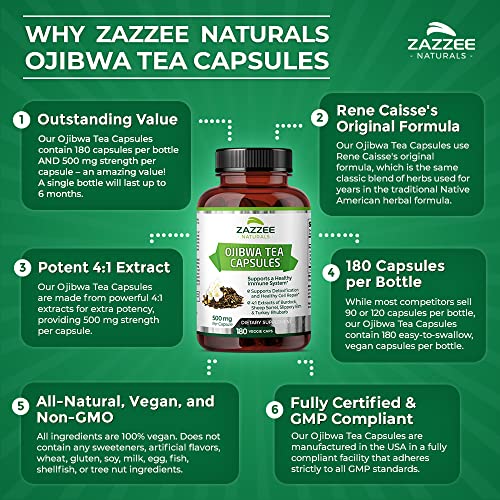 Zazzee Extra Strength Ojibwa Tea 500 mg, 180 Vegan Capsules, Rene Caisse's Original - AB Mystery