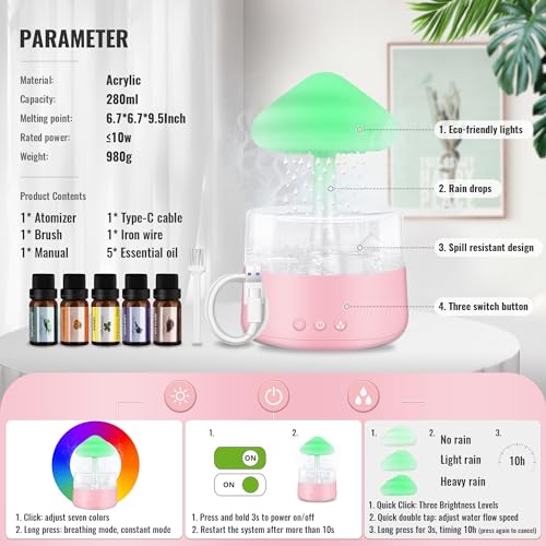 Rain Cloud Humidifier Water Drip with 5 Essential Oils, Cloud Diffuser with 7 Changing Colors Night Lights - AB Mystery