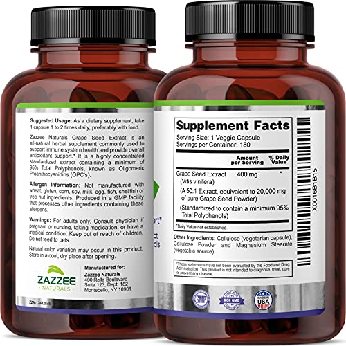 Zazzee High Strength Grape Seed 50:1 Extract, 20,000 mg Strength, 180 Vegan Capsules - AB Mystery