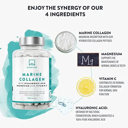 Marine Collagen Tablets for Women and Men with Hyaluronic Acid, Natural Vitamin C & Magnesium - with Pure Collagen peptides - AB Mystery