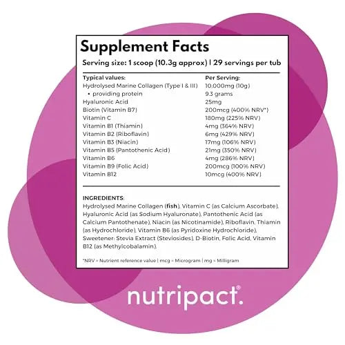 Hydrolysed Marine Collagen Peptides Powder with Hyaluronic Acid, Biotin, Vitamin C & B Vitamins – 10,000mg Collagen nutripact