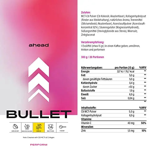 ahead BULLET | C8 MCT Powder with Collagen Powder - Vanilla - 300g - Perfect for Bulletproof Coffee - AB Mystery