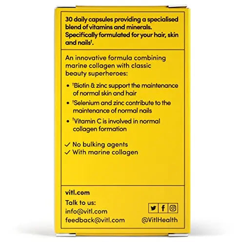 VITL Hair, Skin & Nails + Collagen, A dose of Classic Complexion Heroes Such as Collagen, Vitamin E, Biotin and Zinc | 30 Capsules - AB Mystery