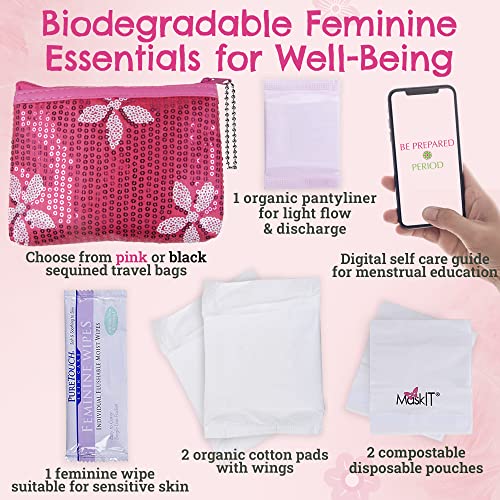 First Period Kit To-go! - Organic Biodegradable Tween Pads & Liner - Period Bags for Teen Girls - AB Mystery