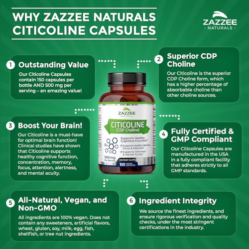 Zazzee Extra Strength Citicoline CDP Choline, 500 mg per Serving, 100 Vegan Capsules - AB Mystery
