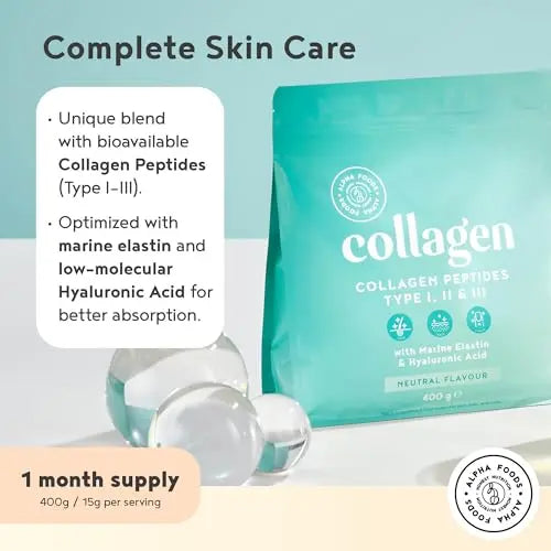 Collagen Powder with Hyaluronic Acid 400g - Collagen Peptides Supplement + Amino Acids Alpha Foods
