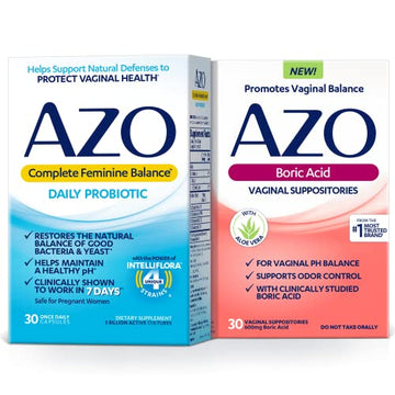 AZO Boric Acid Vaginal Suppositories (30 Count) + Complete Feminine Balance Daily Probiotics for Women - AB Mystery
