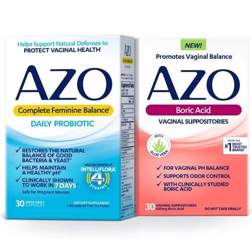 AZO Boric Acid Vaginal Suppositories (30 Count) + Complete Feminine Balance Daily Probiotics for Women - AB Mystery