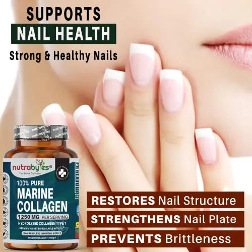 High Strength Marine Collagen Capsules - 1250mg Hydrolysed Collagen Supplement NUTRABYTES
