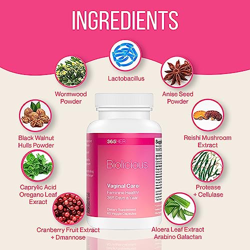 365 HER Biolicious Natural Vaginal Care Supplement (60 Capsules) | Neutralizes Odor and Reduces Discharge - AB Mystery