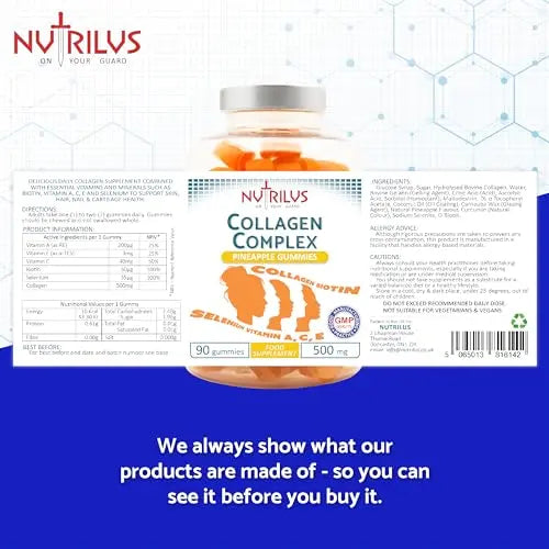 Collagen Complex 90 Natural Pineapple Gummies 500mg - Large Pack - with Biotin & Selenium - AB Mystery