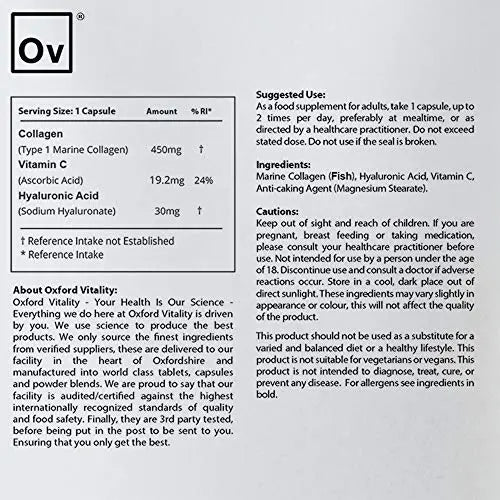 Collagen 450mg, Vitamin C 19.2mg, Hyaluronic Acid 30mg Capsules | Bones & Skin Ov OXFORD VITALITY