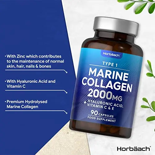 Marine Collagen Capsules | with Hyaluronic Acid, Vitamin C & E | 2000mg | High Strength Type 1 Collagen Horbäach