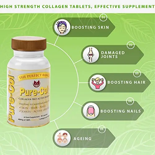 Pure-COL Collagen 90 Capsules 400mg Bio-Active Matrix High Strength Collagen Tablets - AB Mystery
