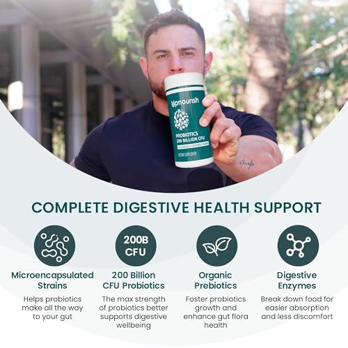 UpNourish Probiotics - 200 Billion CFUs, 15 Strains, Prebiotics & Enzymes - 60 Vegan Cap - AB Mystery