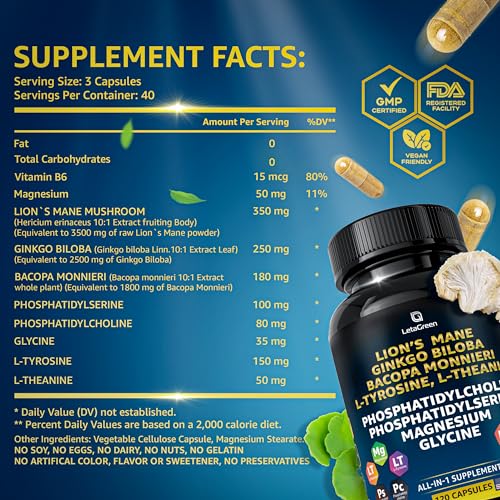 LetaGreen Organic Lions Mane Supplement Capsules - 120 Real Mushrooms Lion's Mane - AB Mystery