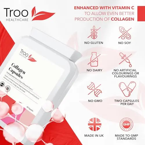 Troo Marine Collagen Supplement - 60 High Strength Capsules 1200mg Serving - Hydrolysed Marine Collagen Peptides with Vitamin C Troo Health Care